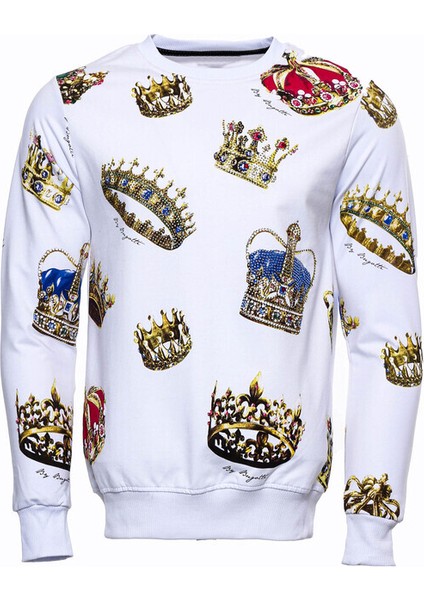 Beyaz Baskılı Taşlı Bisiklet Yaka Sweatshirt
