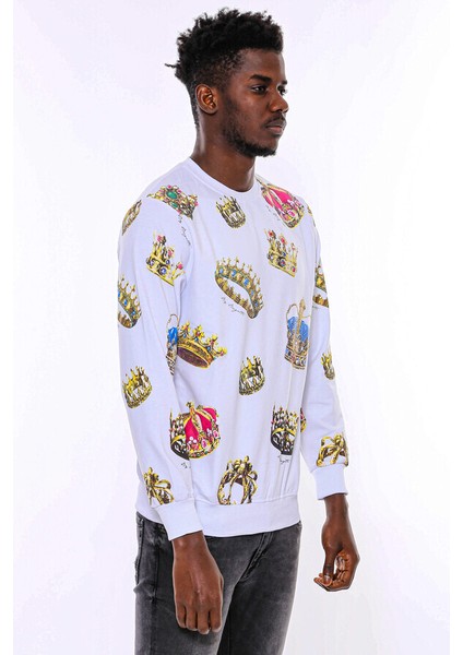 Beyaz Baskılı Taşlı Bisiklet Yaka Sweatshirt