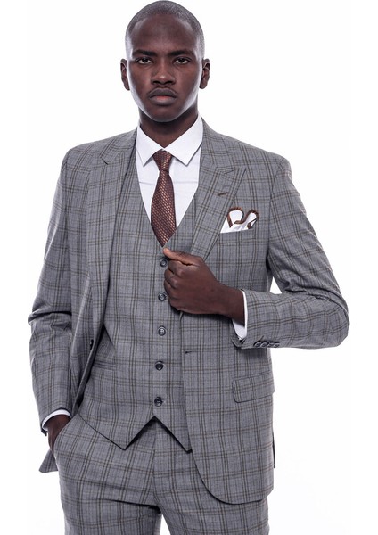 Ekose Desen Gri Yelekli Slim Fit Takım Elbise