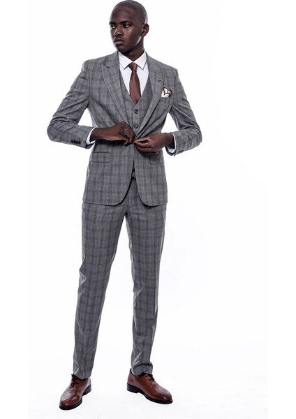 Ekose Desen Gri Yelekli Slim Fit Takım Elbise