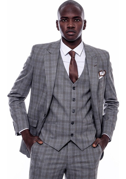 Ekose Desen Gri Yelekli Slim Fit Takım Elbise