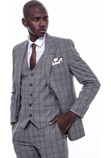 Ekose Desen Gri Yelekli Slim Fit Takım Elbise