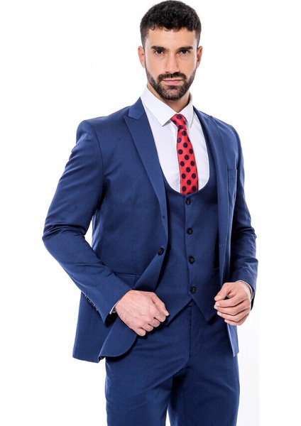 Lacivert Sivri Yaka Slim Fit Yelekli Takım Elbise