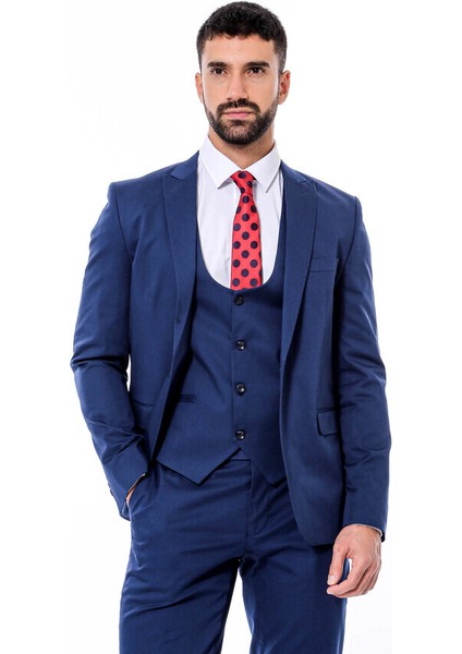 Lacivert Sivri Yaka Slim Fit Yelekli Takım Elbise