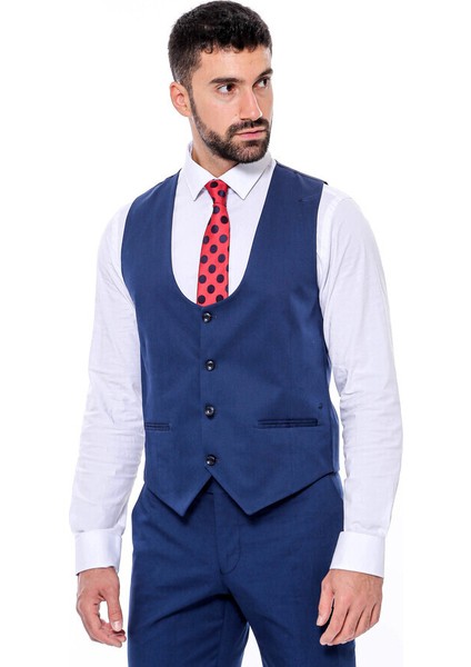 Lacivert Sivri Yaka Slim Fit Yelekli Takım Elbise