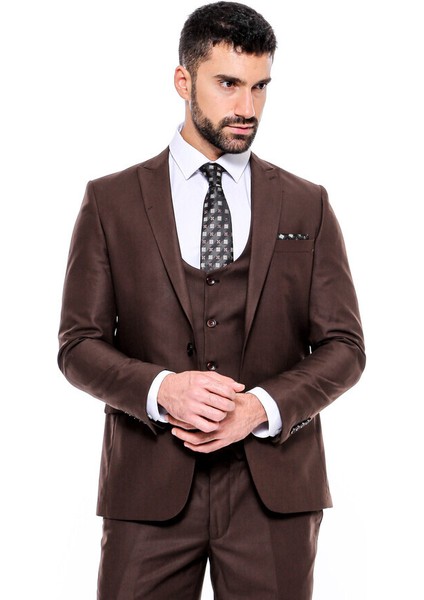 Kahverengi Sivri Yaka Slim Fit Yelekli Takım Elbise