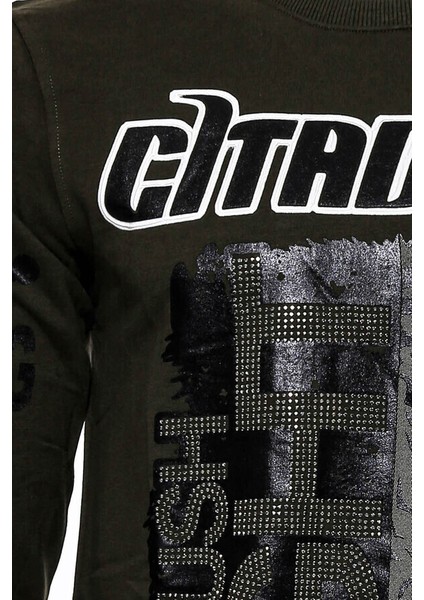Yeşil Baskılı Taşlı Bisiklet Yaka Sweatshirt