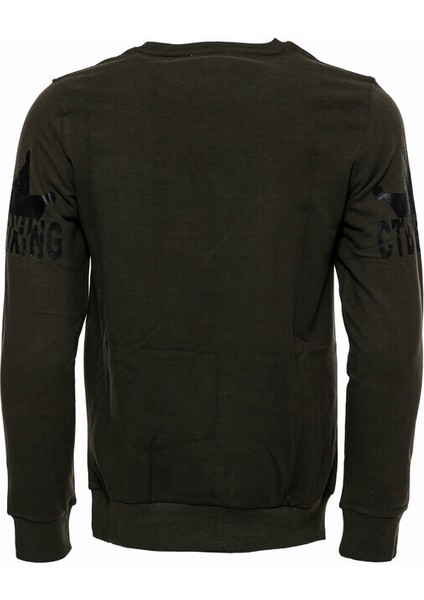 Yeşil Baskılı Taşlı Bisiklet Yaka Sweatshirt