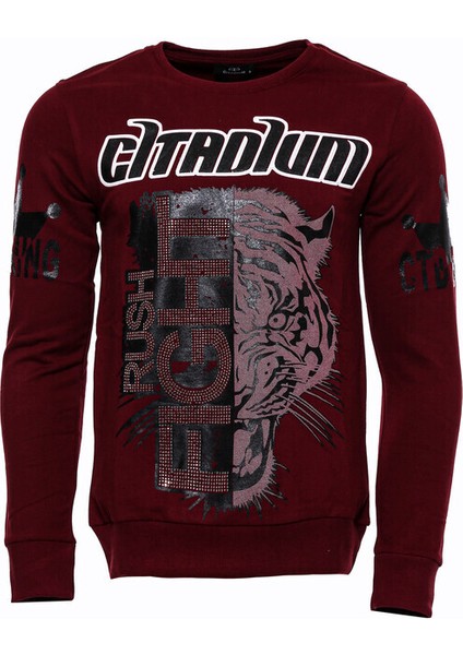 Bordo Taşlı Baskılı Sweatshirt