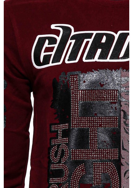 Bordo Taşlı Baskılı Sweatshirt