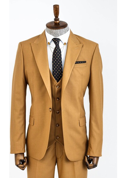 Düz Taba Sivri Yaka Slim Fit Yelekli Takım Elbise