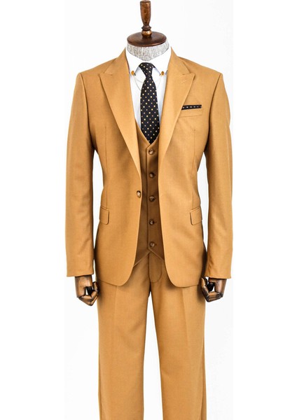 Düz Taba Sivri Yaka Slim Fit Yelekli Takım Elbise