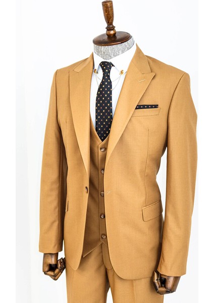 Düz Taba Sivri Yaka Slim Fit Yelekli Takım Elbise