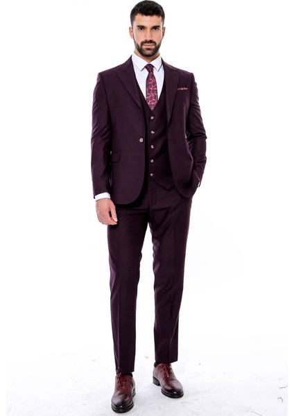 Bordo Sivri Yaka Slim Fit Yelekli Takım Elbise