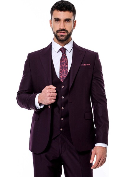 Bordo Sivri Yaka Slim Fit Yelekli Takım Elbise