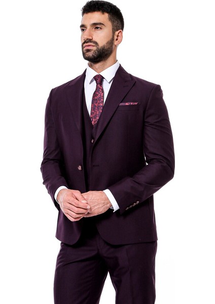 Bordo Sivri Yaka Slim Fit Yelekli Takım Elbise