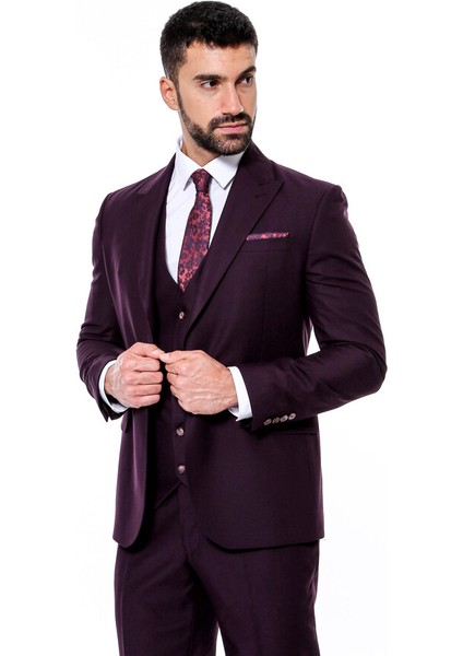 Bordo Sivri Yaka Slim Fit Yelekli Takım Elbise