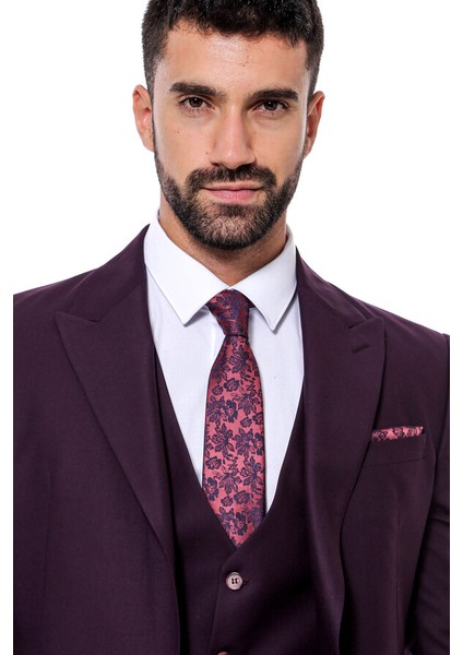 Bordo Sivri Yaka Slim Fit Yelekli Takım Elbise fiyatları