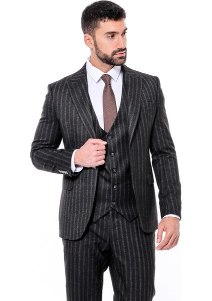 Çizgili Yelekli Siyah Slim Fit Erkek Takım Elbise