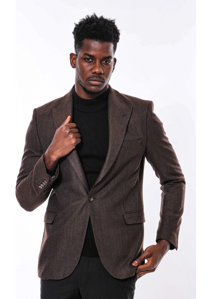 Kendinden Desenli Kahverengi Slim Fit Ceket