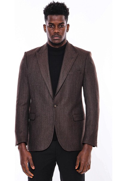 Kendinden Desenli Kahverengi Slim Fit Ceket modelleri