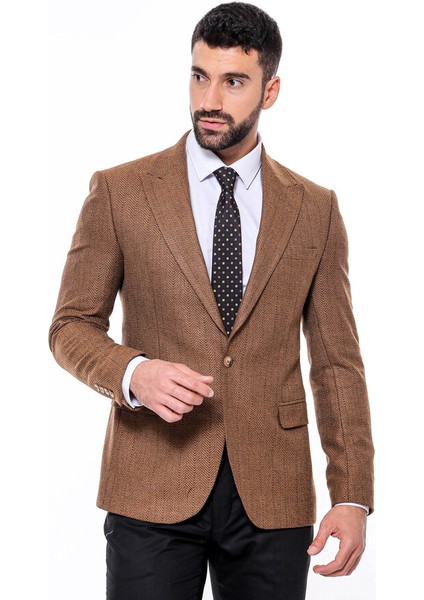 Kendinden Desenli Açık Taba Slim Fit Ceket