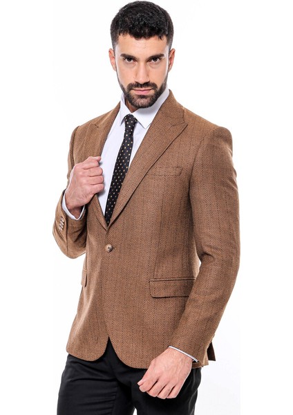 Kendinden Desenli Açık Taba Slim Fit Ceket fırsatları