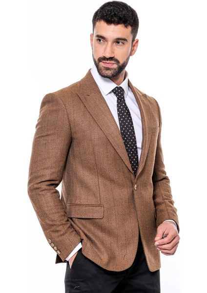 Kendinden Desenli Açık Taba Slim Fit Ceket indirimleri
