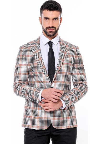 Füme Ekose Desenli Slim Fit Ceket