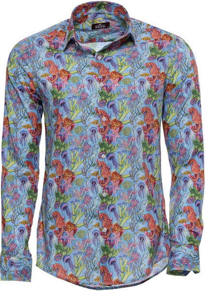 Açık Mavi Desenli Slim Fit Uzun Kollu Gömlek