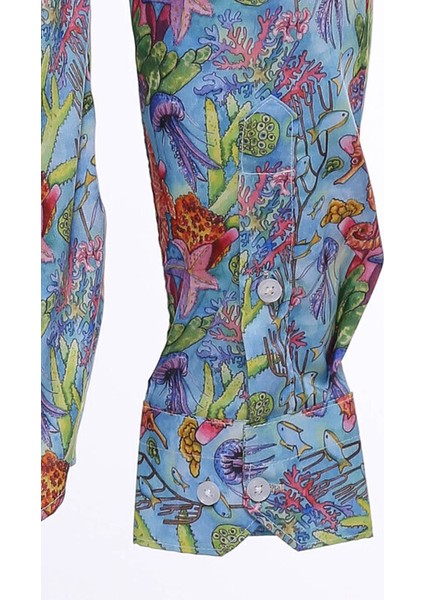 Açık Mavi Desenli Slim Fit Uzun Kollu Gömlek fırsatları