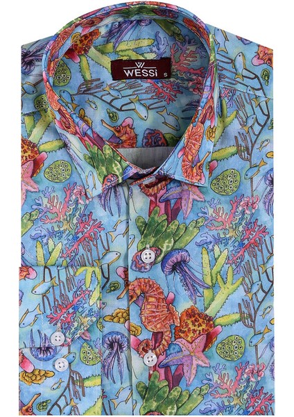 Açık Mavi Desenli Slim Fit Uzun Kollu Gömlek indirimleri