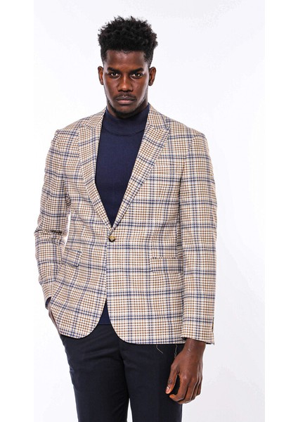 Kahverengi Ekose Desenli Slim Fit Ceket