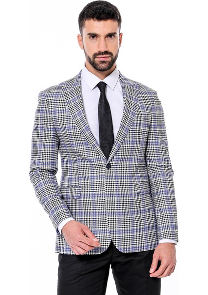 Siyah Mavi Ekose Desenli Slim Fit Ceket