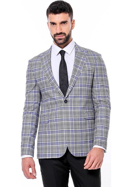 Siyah Mavi Ekose Desenli Slim Fit Ceket