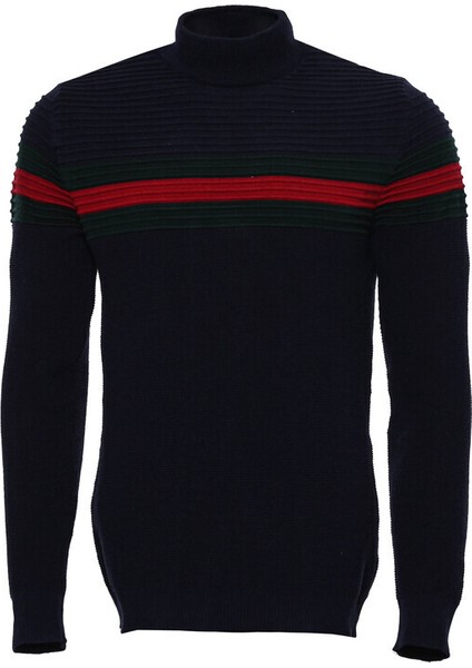 Lacivert Göğüs Desenli Boğazlı Triko