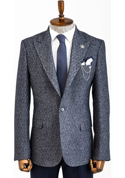 Kendinden Desenli Lacivert Slim Fit Yün Ceket