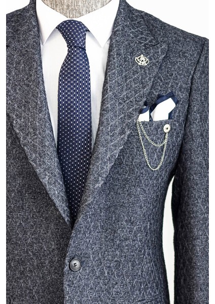 Kendinden Desenli Lacivert Slim Fit Yün Ceket