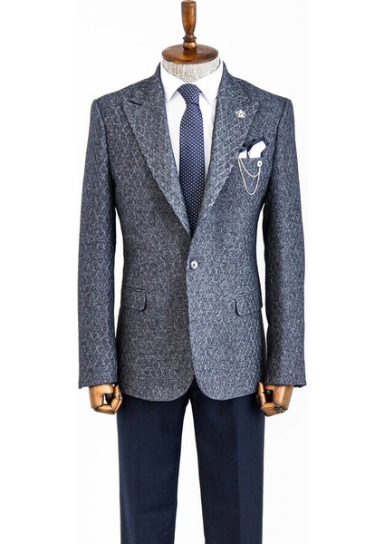 Kendinden Desenli Lacivert Slim Fit Yün Ceket