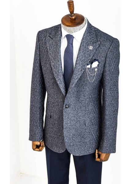Kendinden Desenli Lacivert Slim Fit Yün Ceket