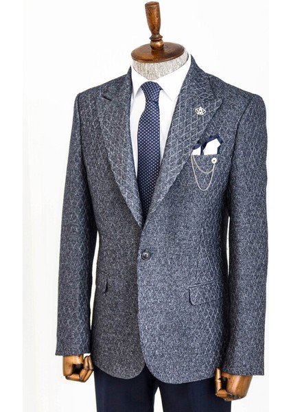 Kendinden Desenli Lacivert Slim Fit Yün Ceket