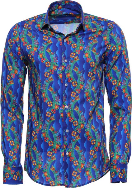 Indigo Çiçek Desenli Uzun Kollu Slim Fit Gömlek