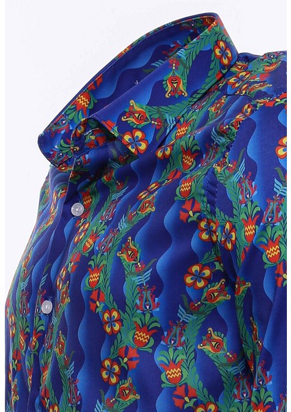 Indigo Çiçek Desenli Uzun Kollu Slim Fit Gömlek fiyatları