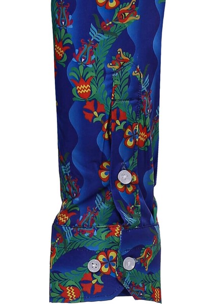 Indigo Çiçek Desenli Uzun Kollu Slim Fit Gömlek modelleri