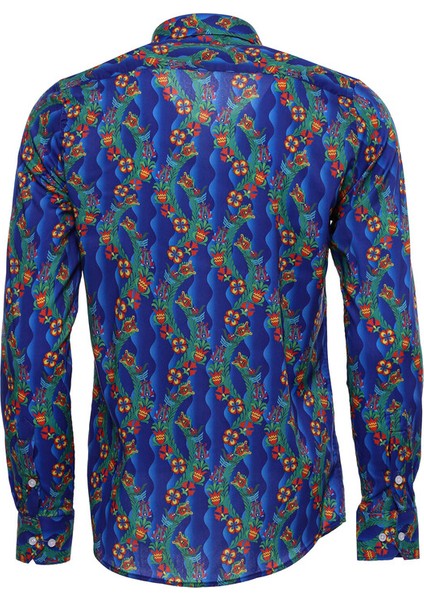 Indigo Çiçek Desenli Uzun Kollu Slim Fit Gömlek fırsatları