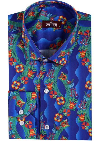Indigo Çiçek Desenli Uzun Kollu Slim Fit Gömlek indirimleri