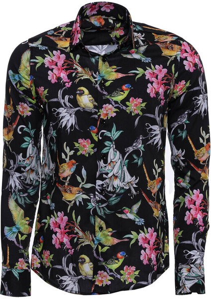 Siyah Büyük Çiçek Desenli Slim Fit Uzun Kollu Gömlek