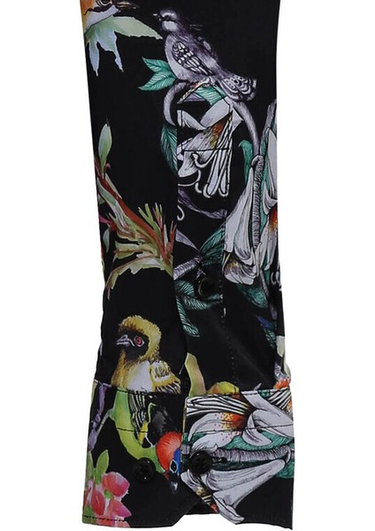 Siyah Büyük Çiçek Desenli Slim Fit Uzun Kollu Gömlek fiyatları