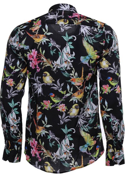 Siyah Büyük Çiçek Desenli Slim Fit Uzun Kollu Gömlek modelleri
