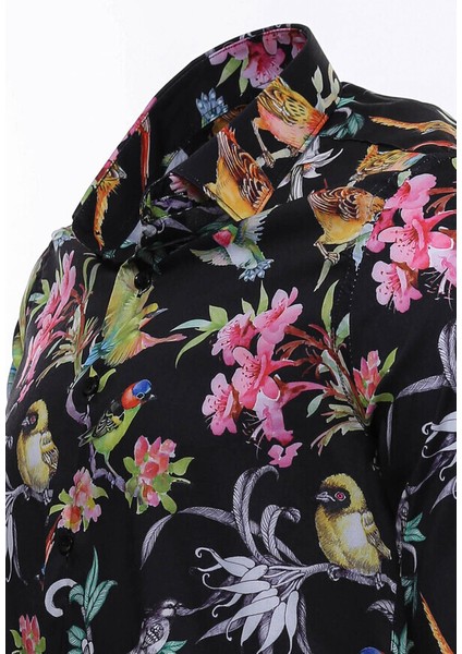 Siyah Büyük Çiçek Desenli Slim Fit Uzun Kollu Gömlek fırsatları